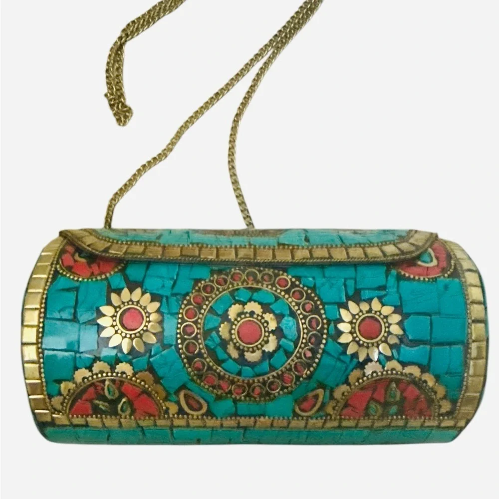 Antik Kraft Turquoise Mosaic Cylinder Clutch Boho Statement Bag Purse Gold Chain
